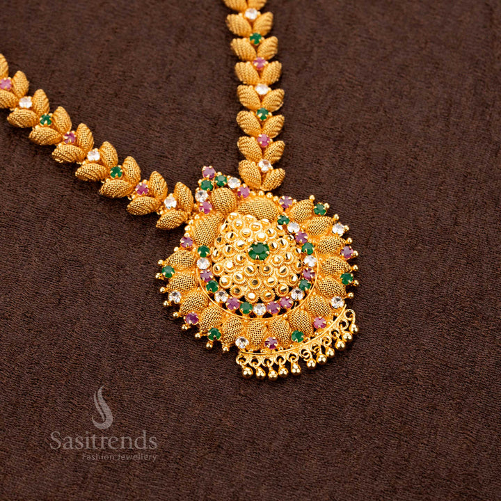 Stunning majestic micro gold plated multi AD flower pendant grand necklace with intricate floral design and sparkling stones - Sasitrends