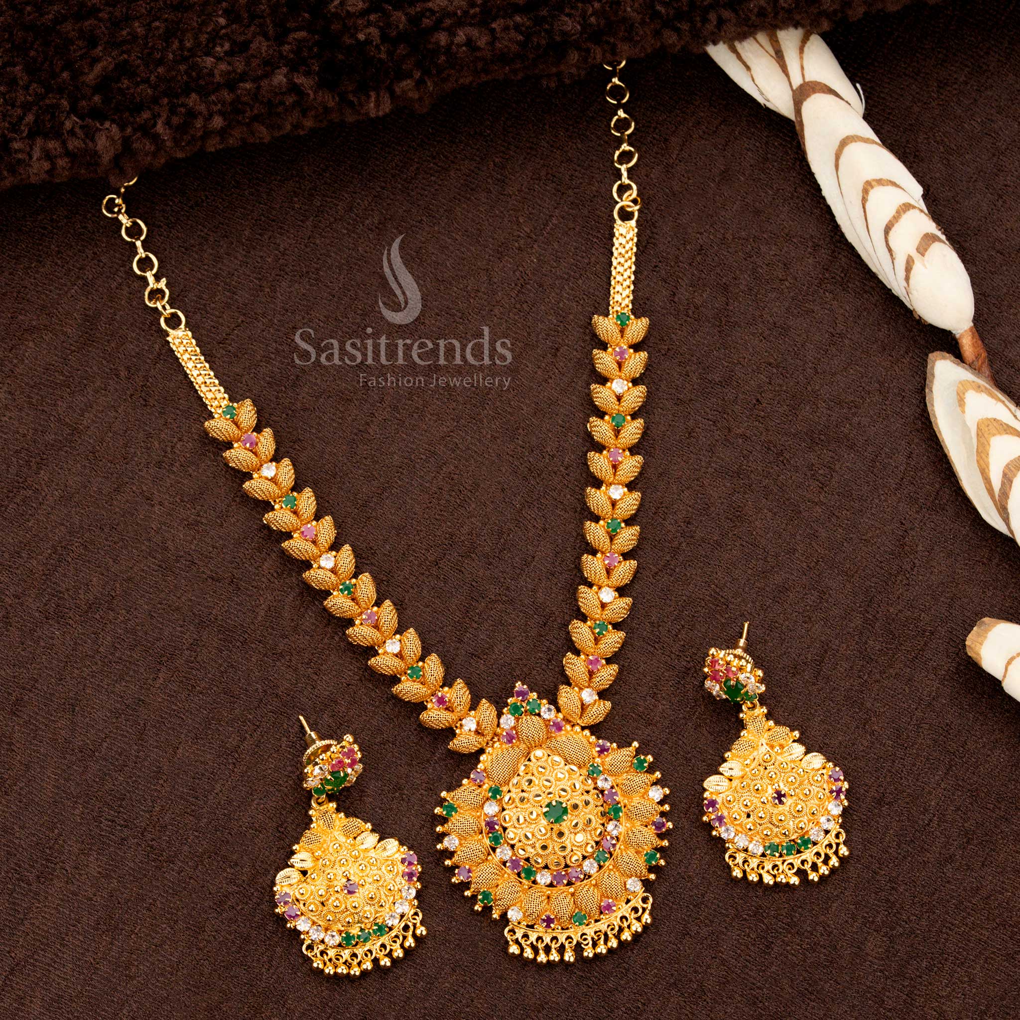 Stunning majestic micro gold plated multi AD flower pendant grand necklace with intricate floral design and sparkling stones - Sasitrends