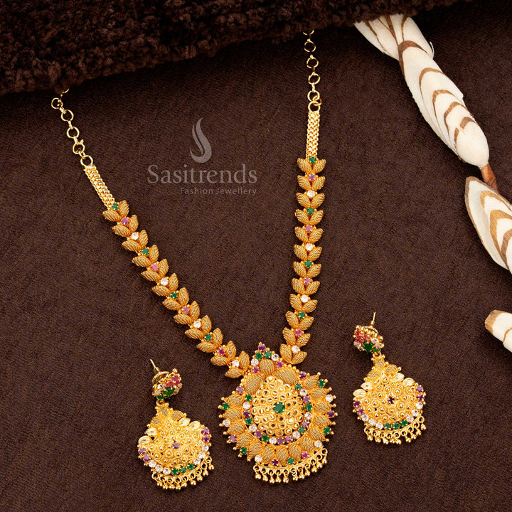 Stunning majestic micro gold plated multi AD flower pendant grand necklace with intricate floral design and sparkling stones - Sasitrends