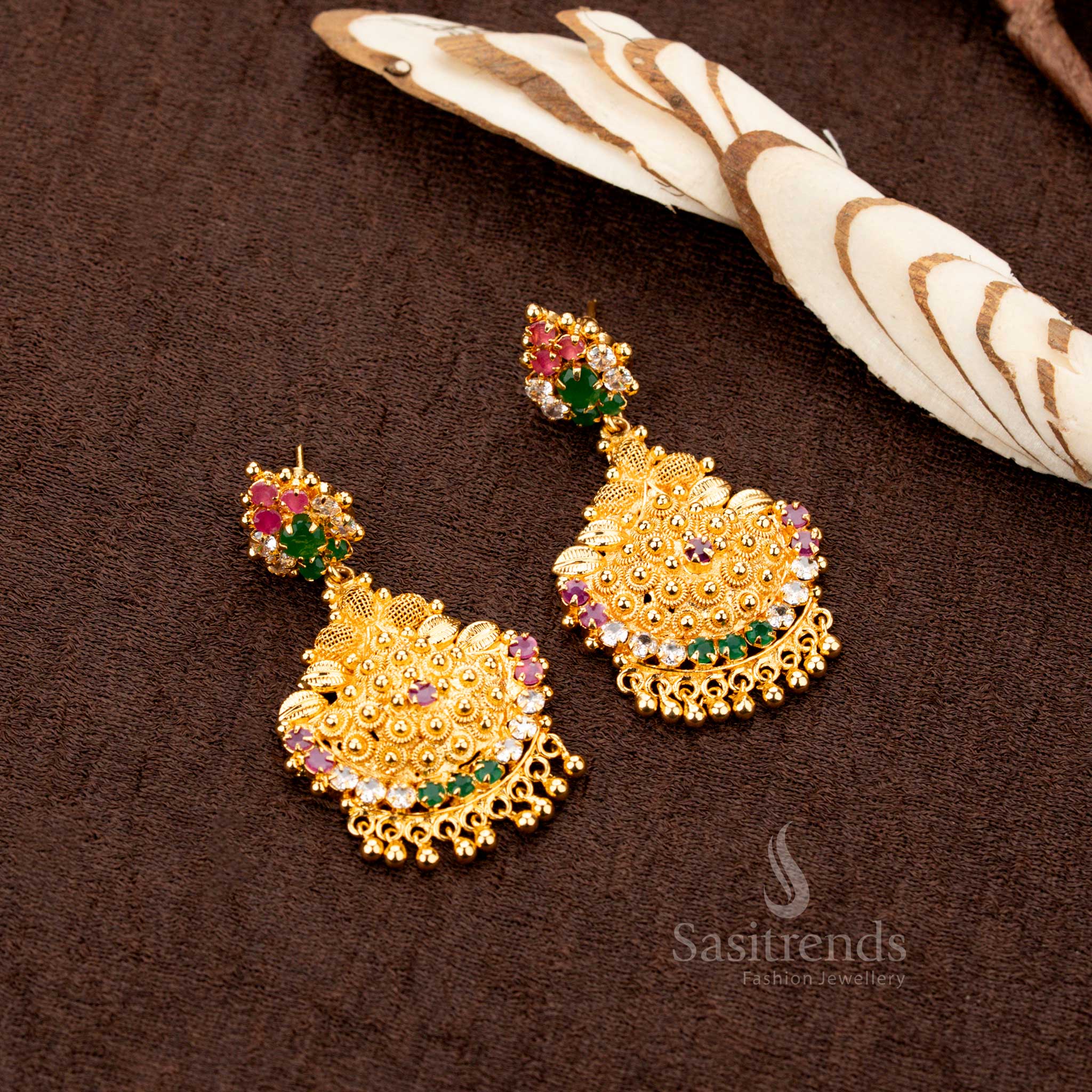 Stunning majestic micro gold plated multi AD flower pendant grand necklace with intricate floral design and sparkling stones - Sasitrends