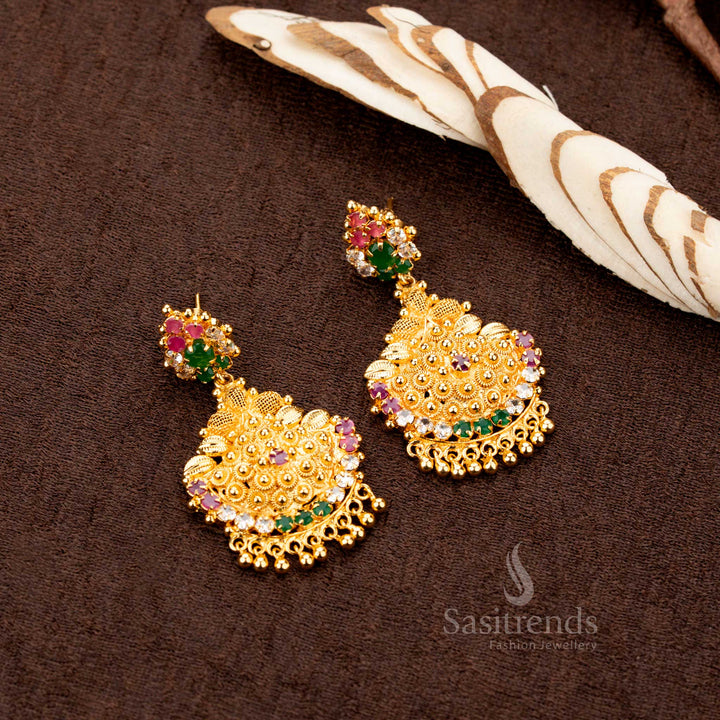 Stunning majestic micro gold plated multi AD flower pendant grand necklace with intricate floral design and sparkling stones - Sasitrends