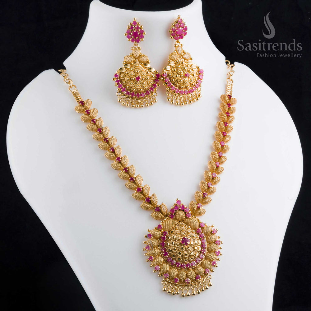 Beautiful elegant micro gold plated ruby AD flower pendant necklace with earrings, adorned with golden balls and radiant AD stones - Sasitrends