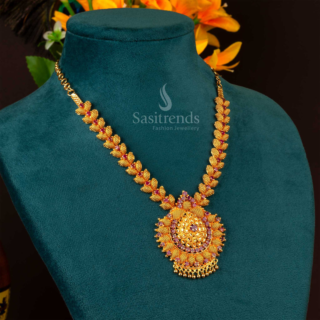 Stunning majestic micro gold plated ruby AD flower pendant grand necklace with intricate floral design and sparkling stones - Sasitrends