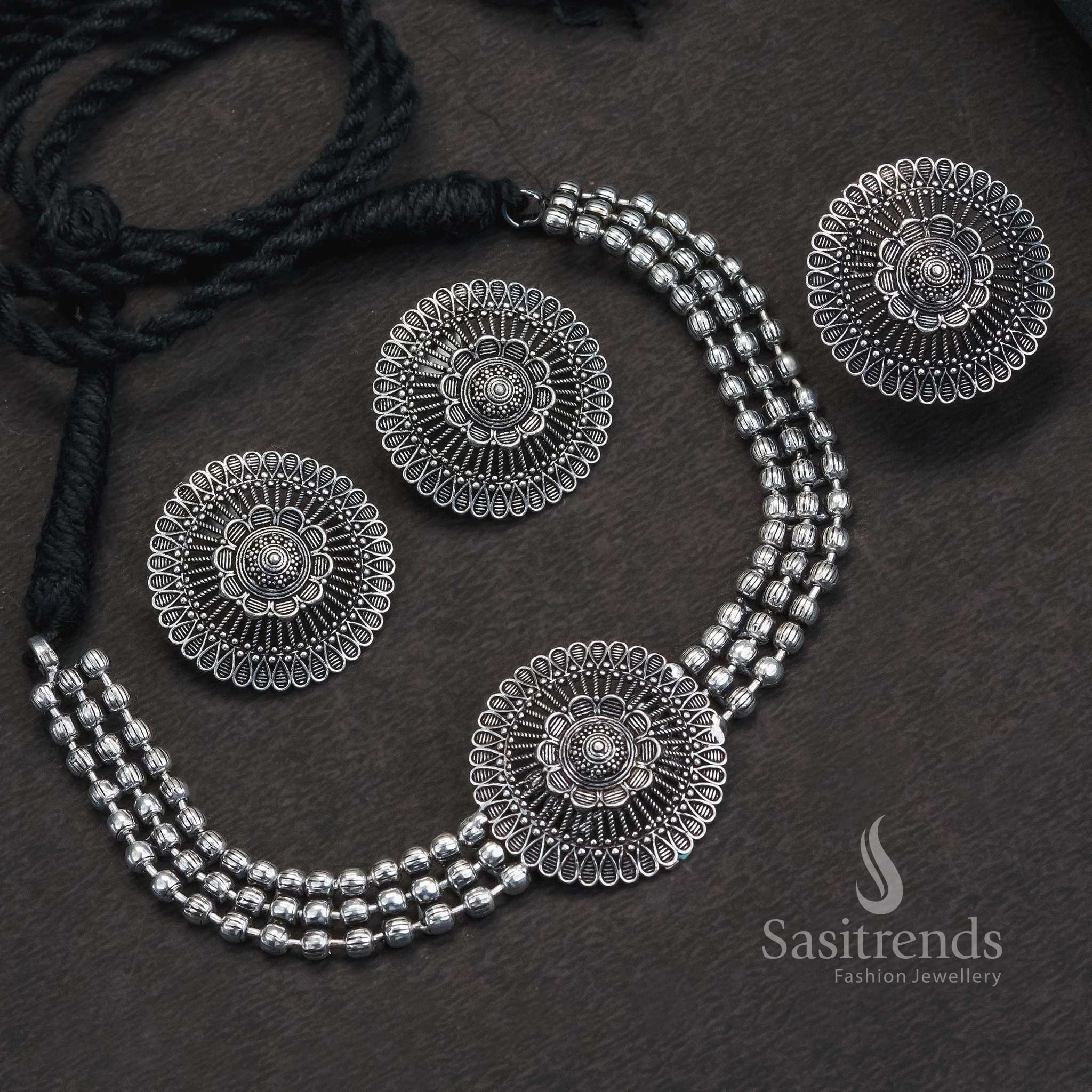 Artisan-crafted oxidised Kanta choker set for girls with matching designer jhumkas and intricate ancestral engravings for ethnic wear – Sasitrends