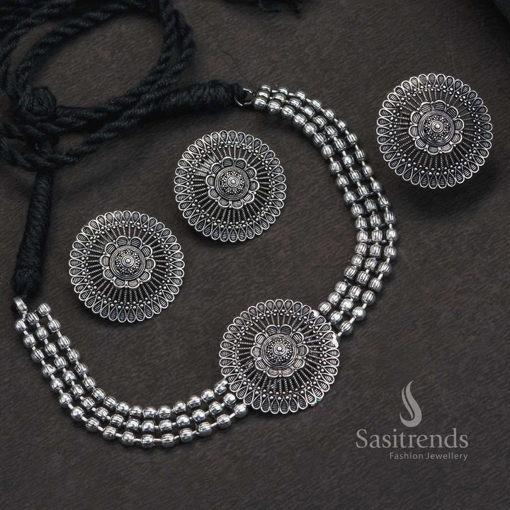 Artisan-crafted oxidised Kanta choker set for girls with matching designer jhumkas and intricate ancestral engravings for ethnic wear – Sasitrends