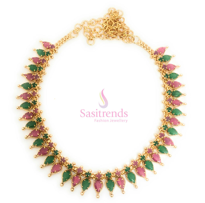 Classic micro gold-plated necklace showcasing elegant tilak design stones and shimmering American diamond embellishments in a stunning ruby-green blend - Sasitrends