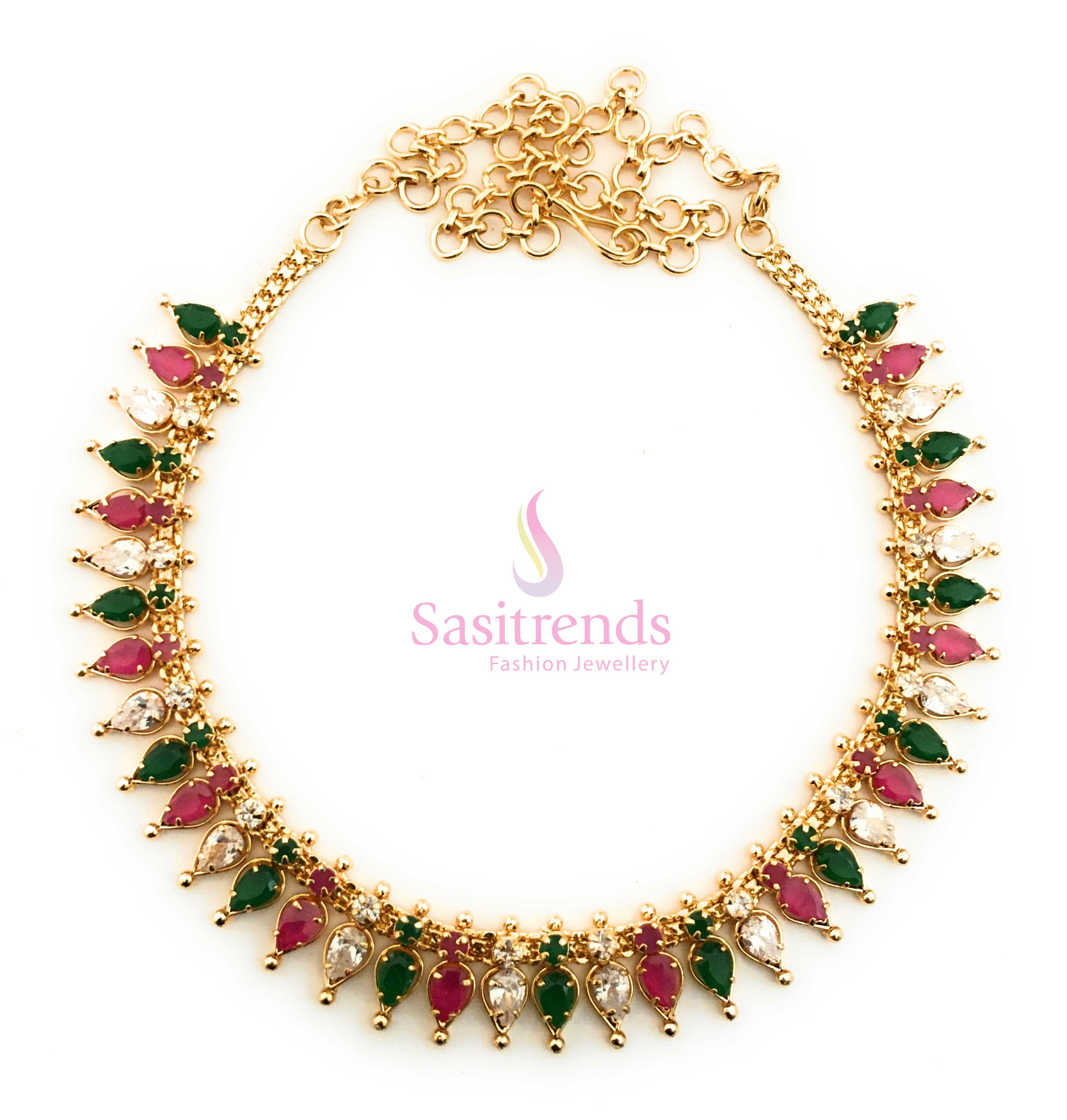 Exquisite micro gold-plated necklace featuring elegant tilak design stones and sparkling American diamond embellishments in a dazzling multi-color fusion - Sasitrends