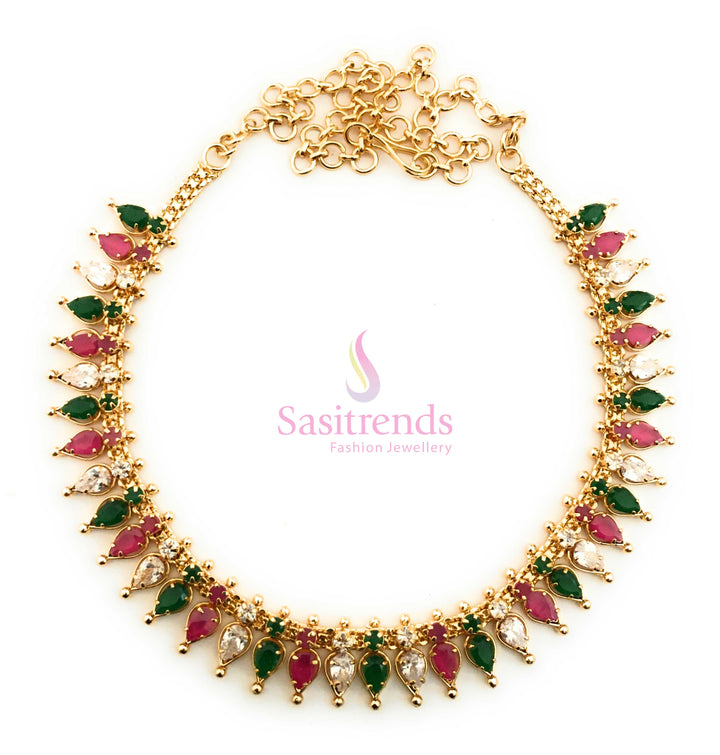 Exquisite micro gold-plated necklace featuring elegant tilak design stones and sparkling American diamond embellishments in a dazzling multi-color fusion - Sasitrends
