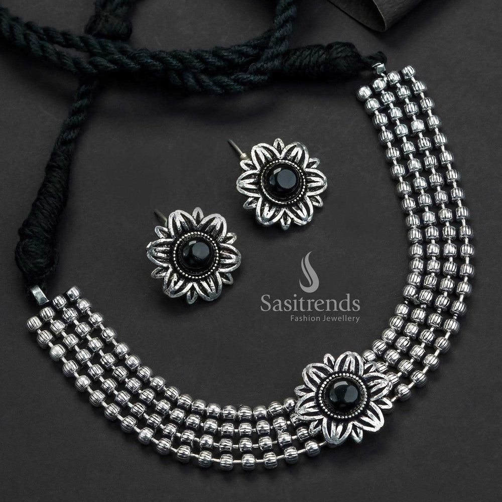 Elegant Black Oxidised Four Layer Flower Choker With Ball Chain And Stone Stud Earrings Jewellery - Sasitrends