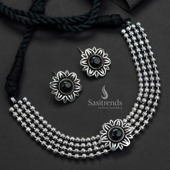 Elegant Black Oxidised Four Layer Flower Choker With Ball Chain And Stone Stud Earrings Jewellery - Sasitrends