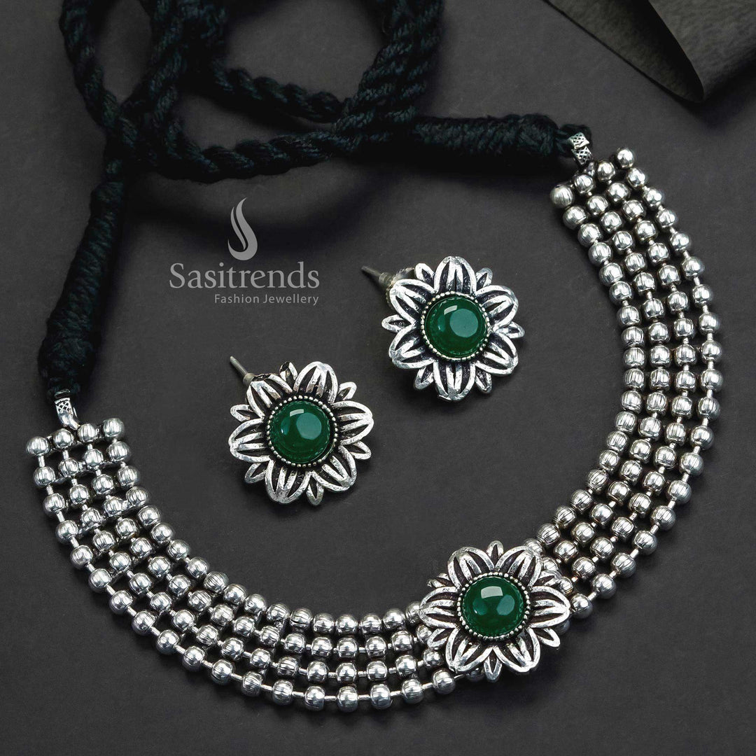 Graceful Oxidised Green Stone Four Line Choker With Floral Motif And Stylish Earring Tops Jewellery - Sasitrends