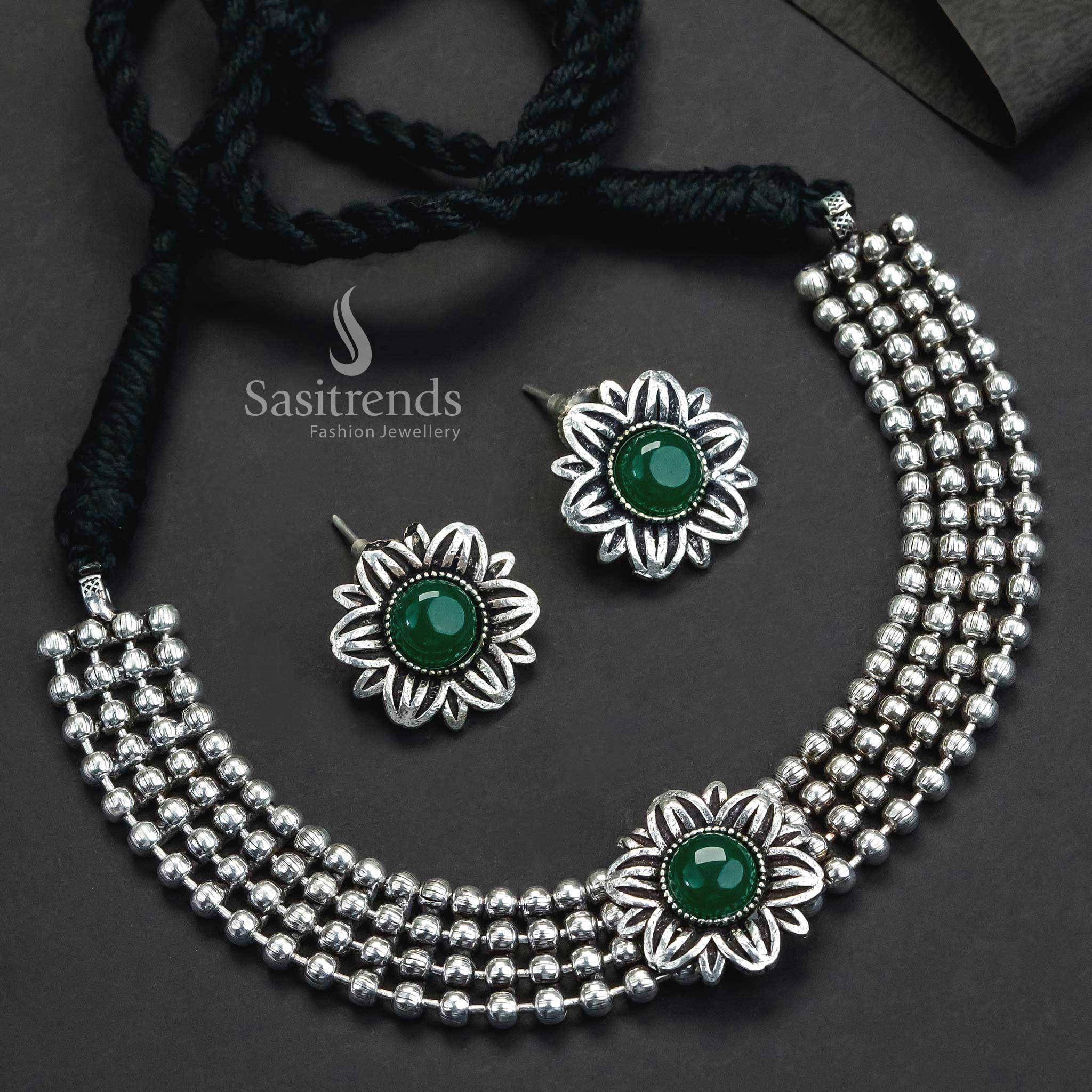 Graceful Oxidised Green Stone Four Line Choker With Floral Motif And Stylish Earring Tops Jewellery - Sasitrends