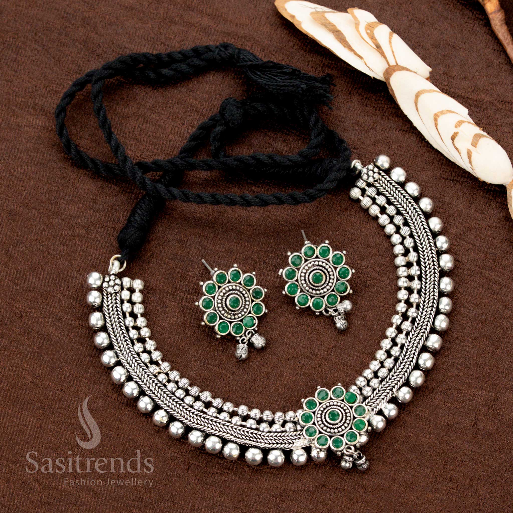 Elegant oxidised choker necklace with a lush green floral pendant, matching earrings, and detailed beaded ball chain—perfect for Indian artisan jewellery lovers - Sasitrends