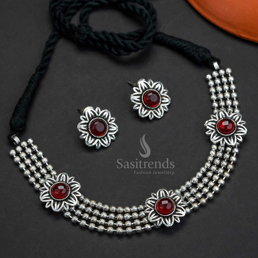 Trendy Oxidized German Silver Floral Choker Necklace Set - Sasitrends