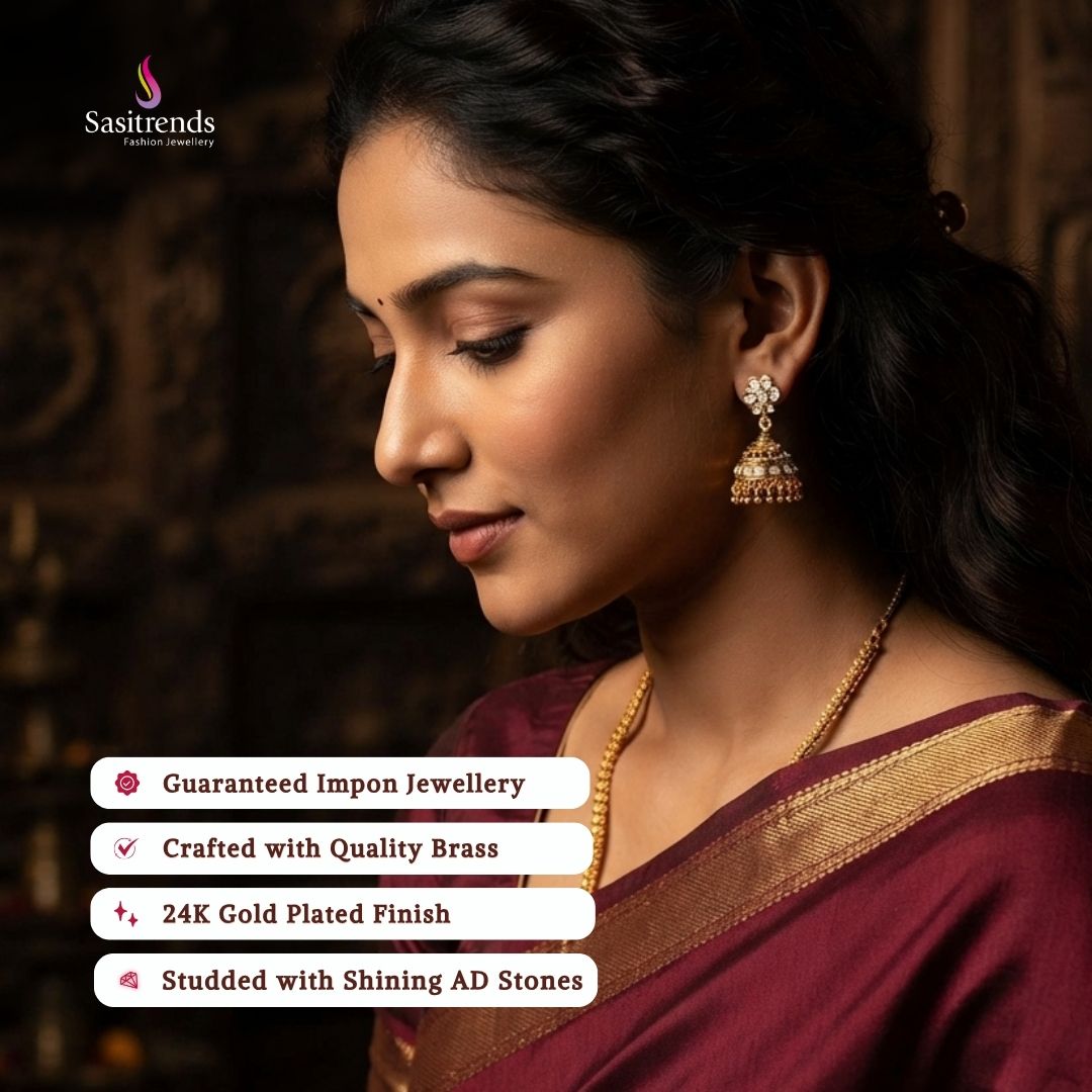 Guaranteed Micro gold plated AD stone impon earrings model image - Sasitrends