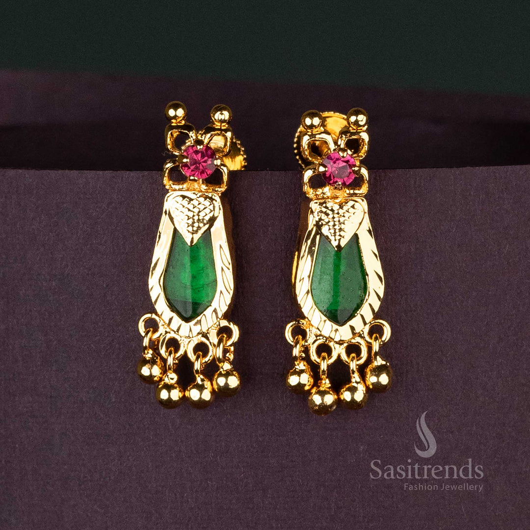 Beautiful Green Palakka Nagapadam Earrings with Micro Gold-Plating and Golden Beads in Classic Kerala Design - Sasitrends