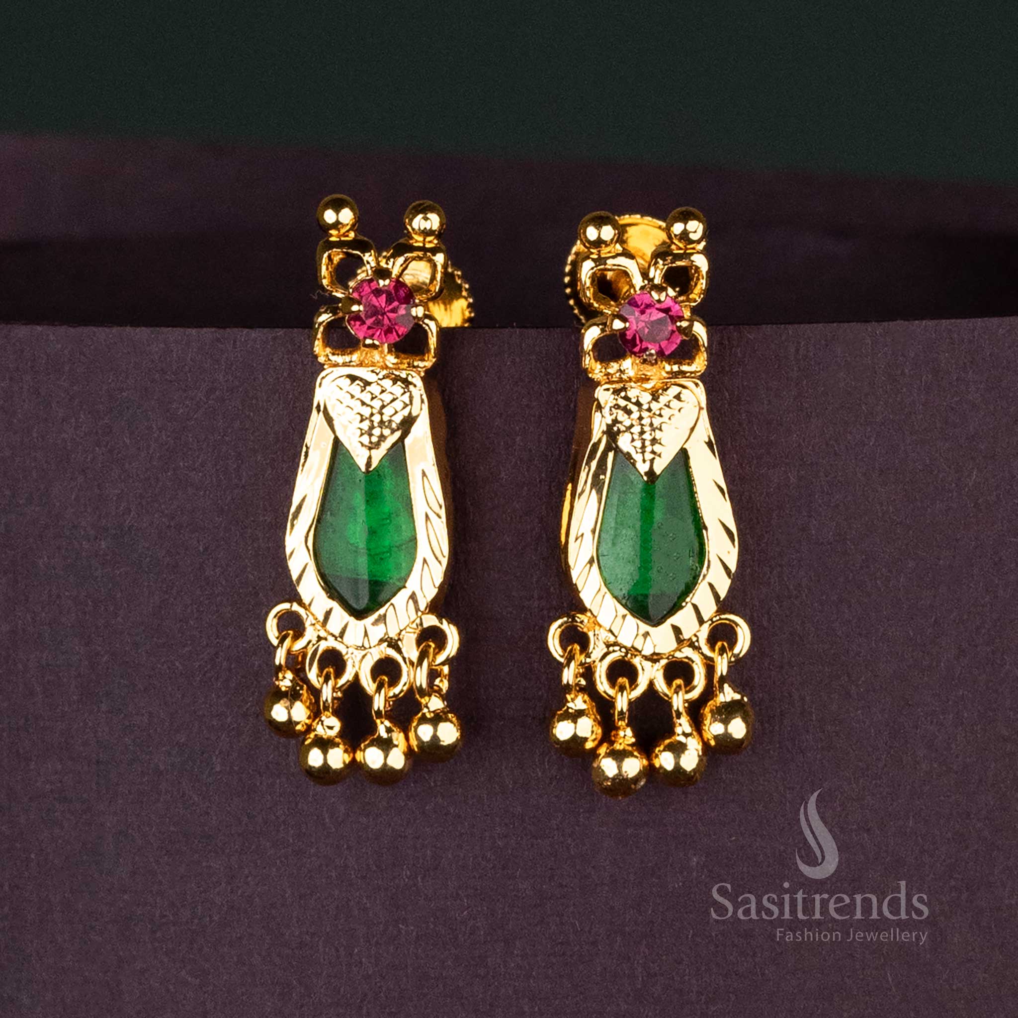 Beautiful Green Palakka Nagapadam Earrings with Micro Gold-Plating and Golden Beads in Classic Kerala Design - Sasitrends