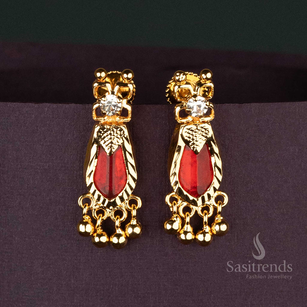 Stunning Red Palakka Nagapadam Earrings in Micro Gold-Plated Finish with Golden Beads for Traditional Kerala Style - Sasitrends