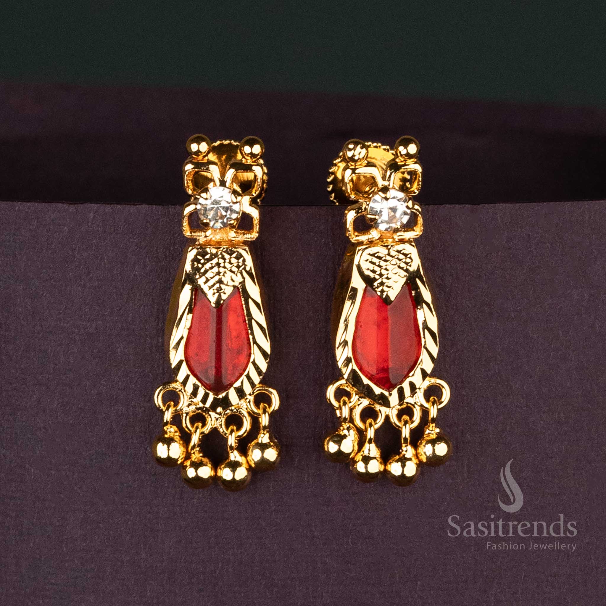 Stunning Red Palakka Nagapadam Earrings in Micro Gold-Plated Finish with Golden Beads for Traditional Kerala Style - Sasitrends
