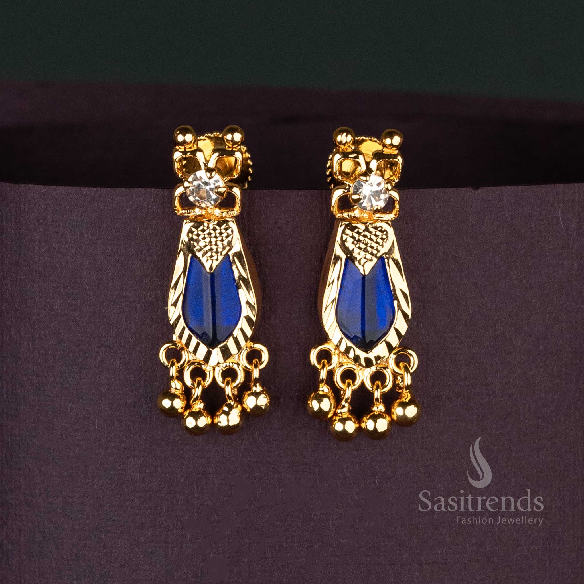 Royal Blue Palakka Nagapadam Earrings in Kerala-Style with Micro Gold-Plating and Elegant Golden Beads - Sasitrends