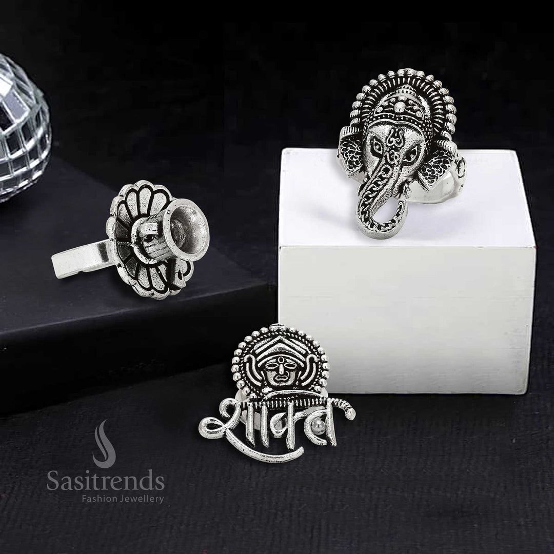Boho chic oxidised silver adjustable rings trio set designed for women and girls, blending vintage charm with fusion jewellery appeal for an enchanting look – Sasitrends