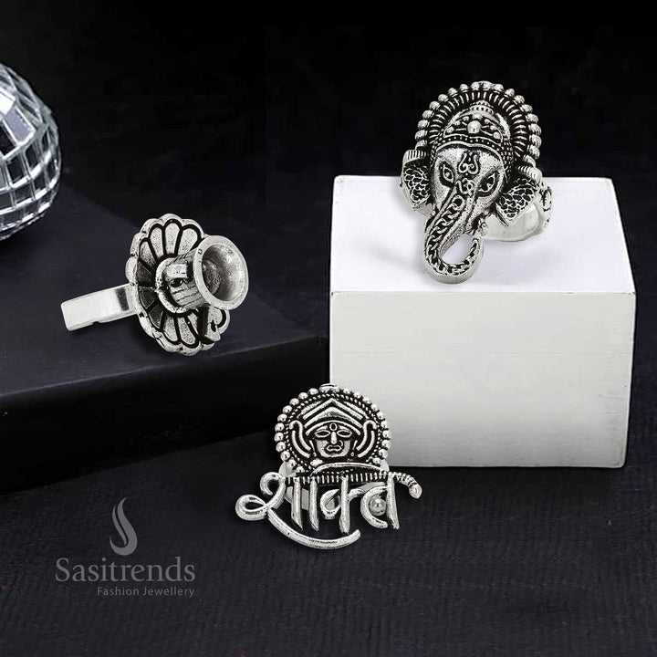 Eclectic Trio Oxidised Silver Adjustable Rings Set for Women & Girls