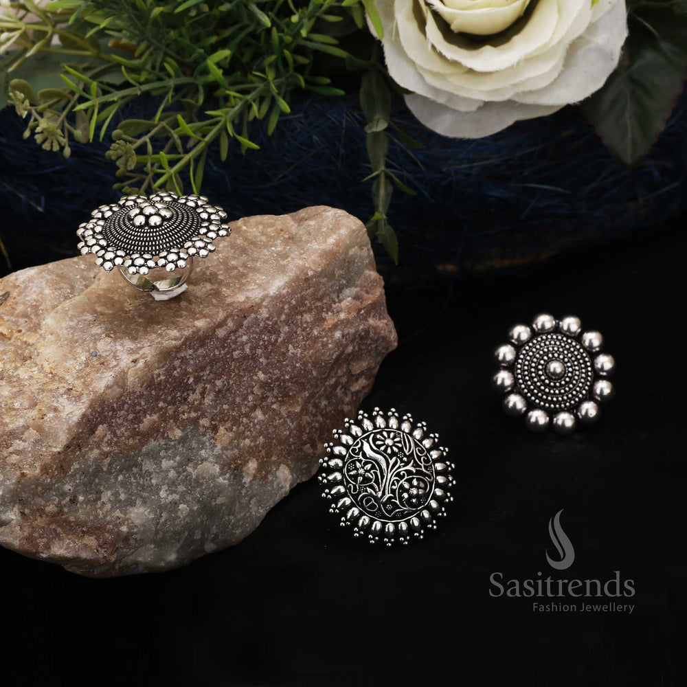 Stylish oxidised silver trio rings set featuring an antique finish and adjustable design, ideal for women and girls to flaunt as daily wear or statement boho jewellery – Sasitrends

