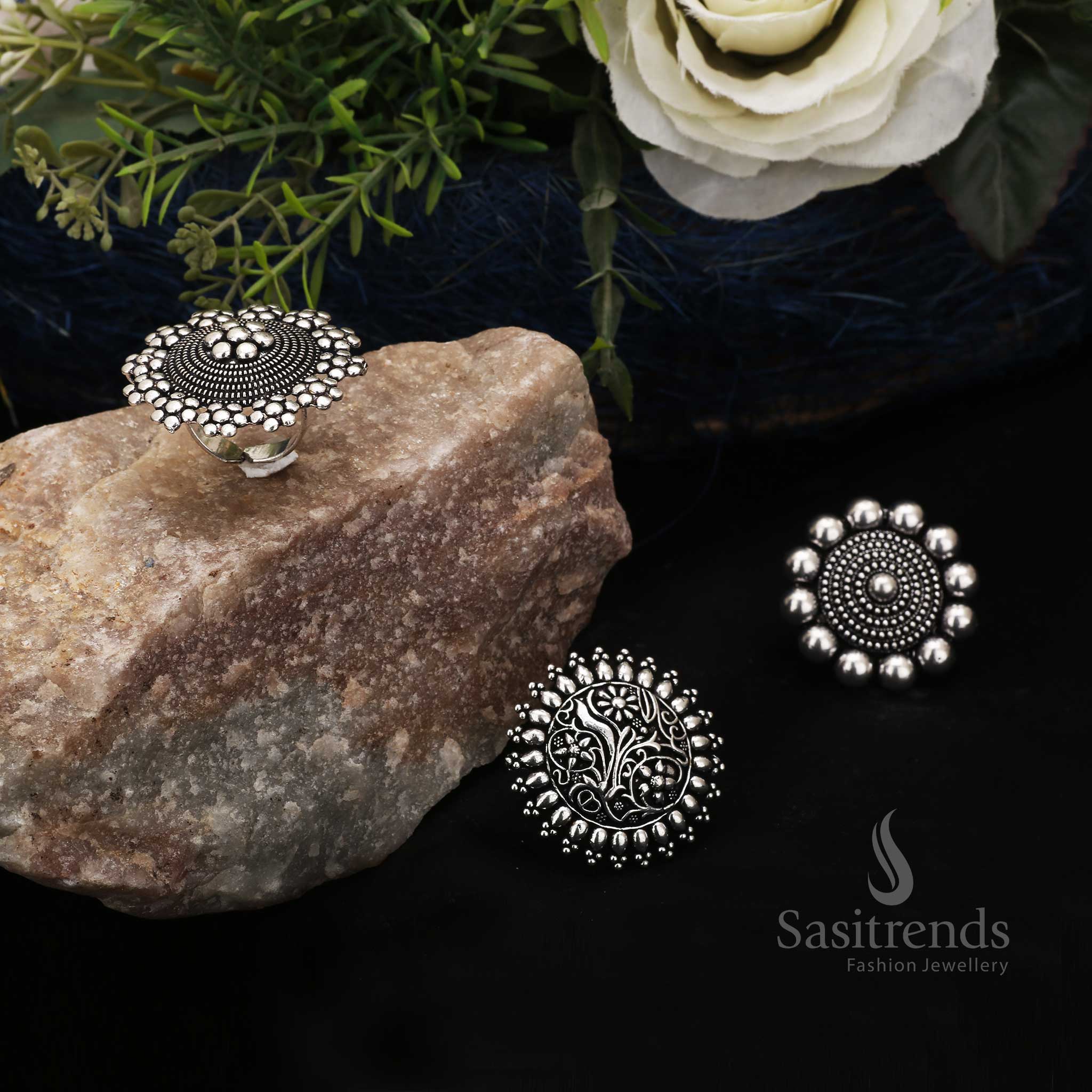 Stylish oxidised silver trio rings set featuring an antique finish and adjustable design, ideal for women and girls to flaunt as daily wear or statement boho jewellery – Sasitrends

