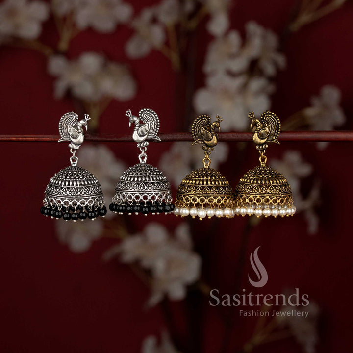Traditional Oxidized German Silver Combo Jhumka Set with Peacock Motif and Pearl Drops for Festive Elegance