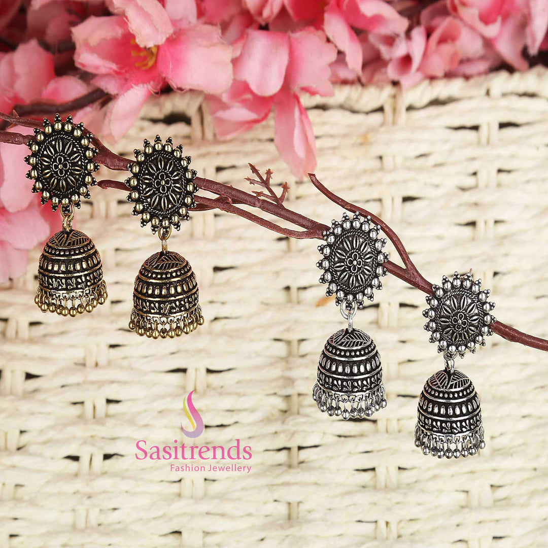 Oxidized German Silver Floral Designer Jhumka Earrings