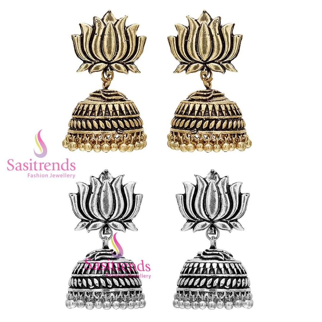 Oxidized German Silver Lotus Designer Jhumka Earrings