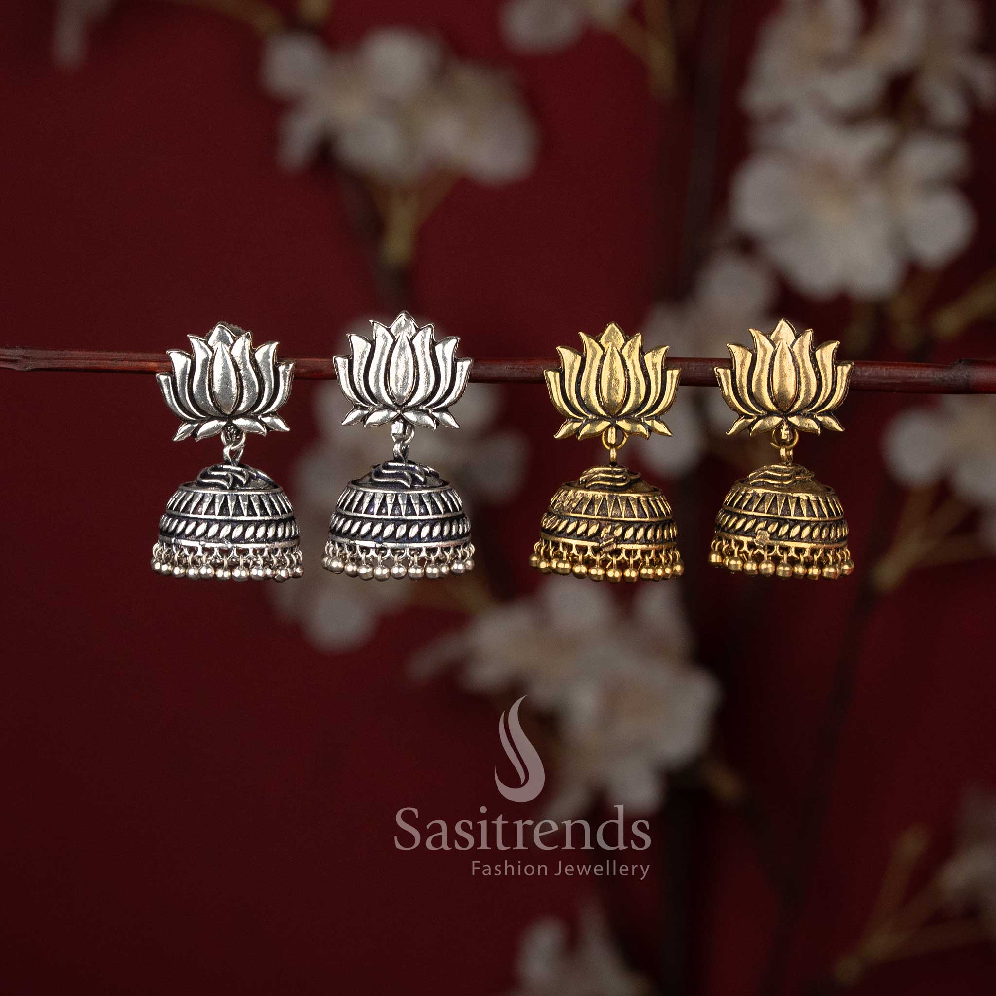 Oxidized German Silver Lotus Designer Jhumka Earrings