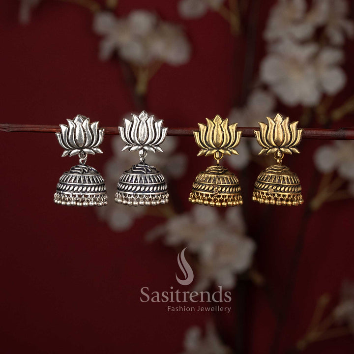 Attractive Lotus Motif Oxidised German Silver Jhumka Earrings Combo Set | Sasitrends
