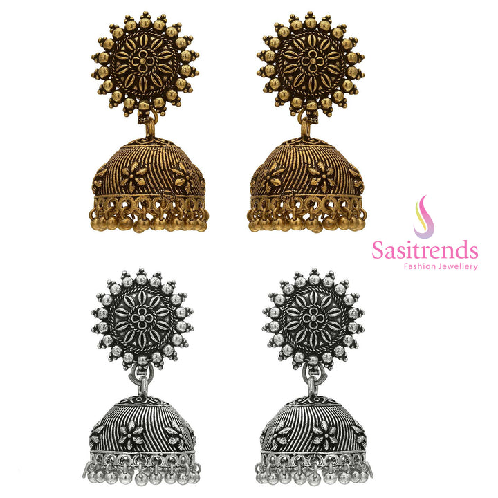 Traditional Elegance Combo: Floral Studs Oxidised Silver & Antique Gold Jhumka Earrings Set