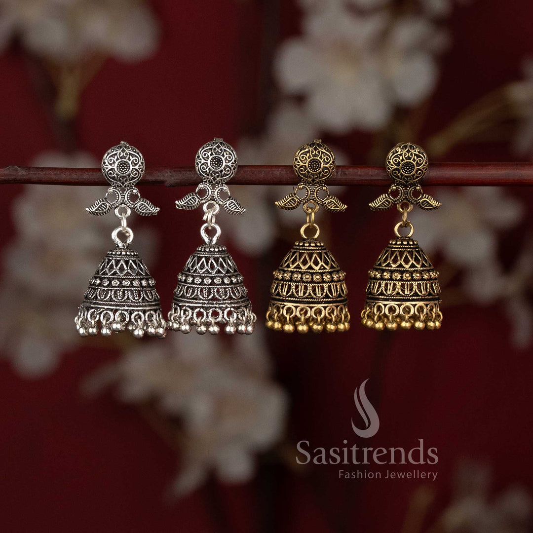 Oxidised Circular Filigree Stud Textured Dome Jhumka Combo Earrings - Sasitrends