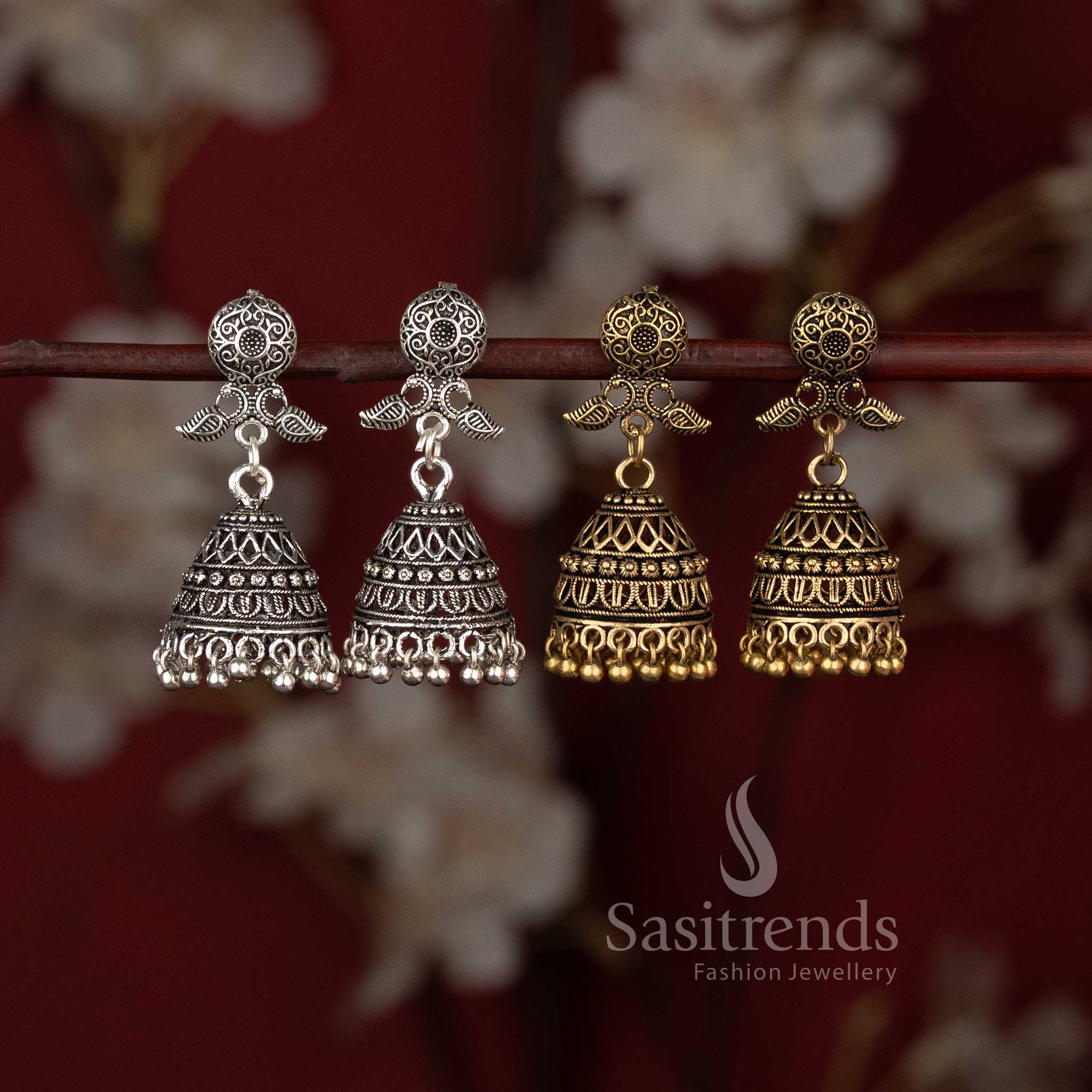 Oxidised Circular Filigree Stud Textured Dome Jhumka Combo Earrings - Sasitrends