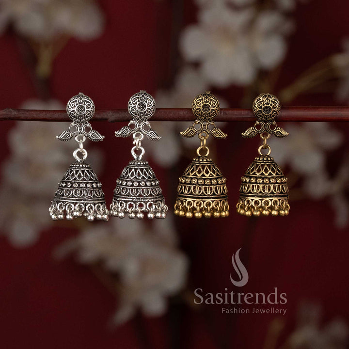 Oxidised Textured Dome Jhumka Earrings with Circular Filigree Stud Design for Navarathiri Wear - Sasitrends