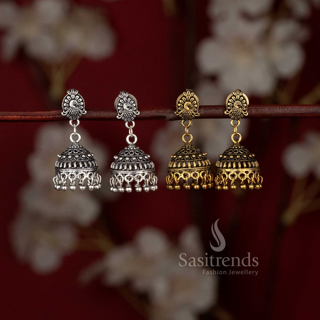 Oxidised peacock motif jhumka combo earrings with traditional detailing Sasitrends