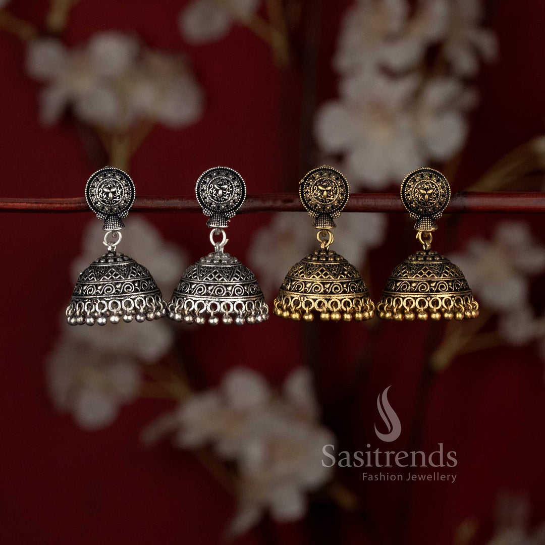 Oxidised Silver and Antique Gold Circular Mandala Jhumka Combo Earrings Sasitrends