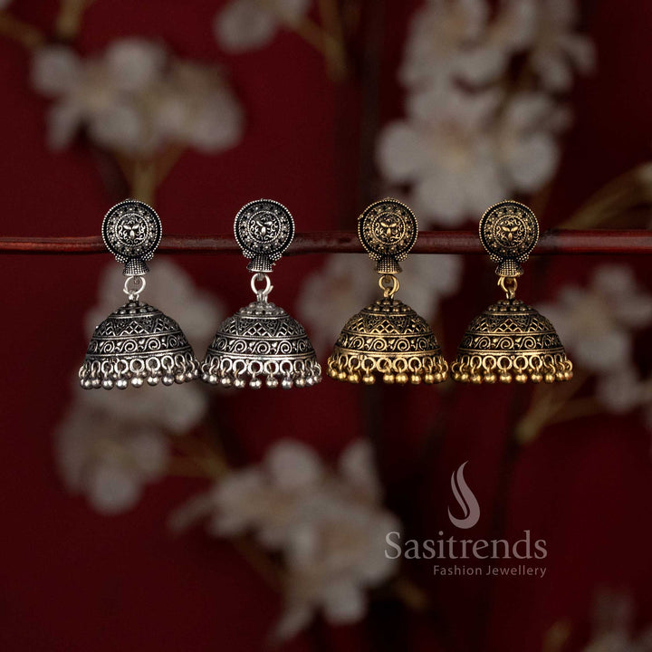 Oxidised Silver and Antique Gold Circular Mandala Jhumka Combo Earrings - Sasitrends