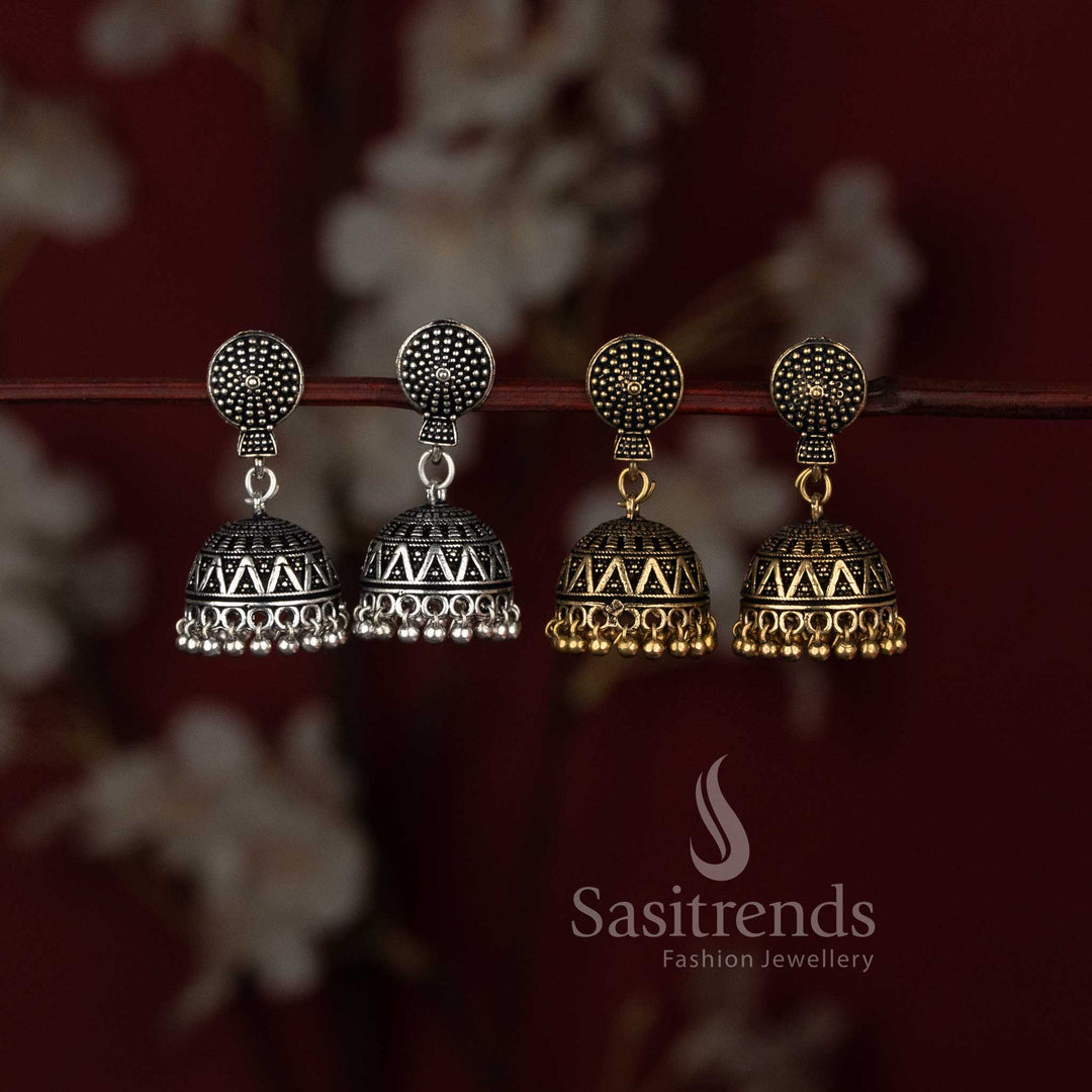 Oxidised Silver and Gold Tone Granulated Dome Jhumka Combo Earrings - Sasitrends