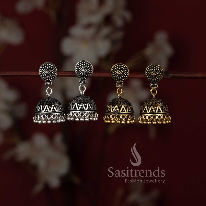 Oxidised Silver and Gold Tone Granulated Dome Jhumka Combo Earrings - Sasitrends