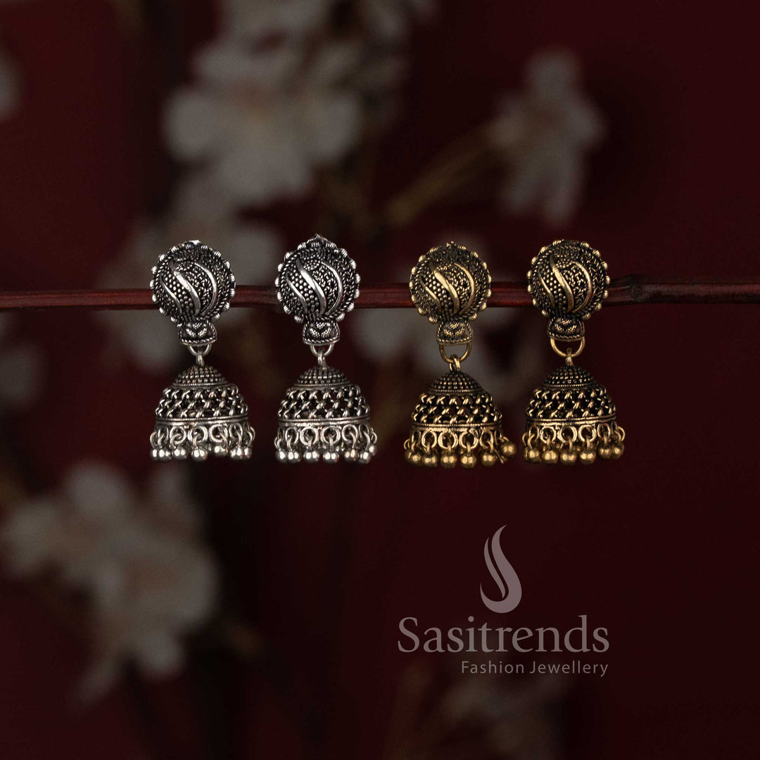 Oxidised silver and gold tone swirl jhumka combo earrings for ethnic wear Sasitrends