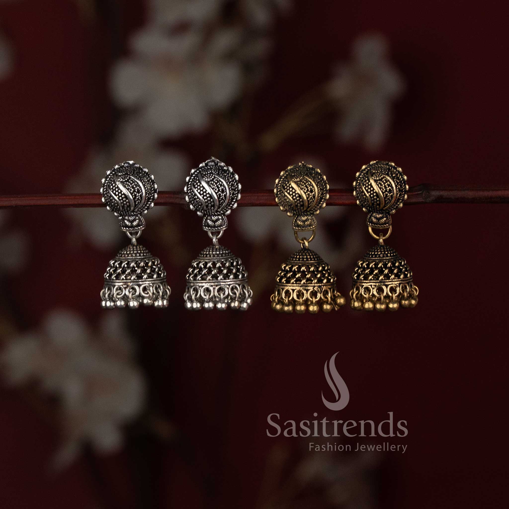 Oxidised silver and gold tone swirl jhumka combo earrings for ethnic wear Sasitrends