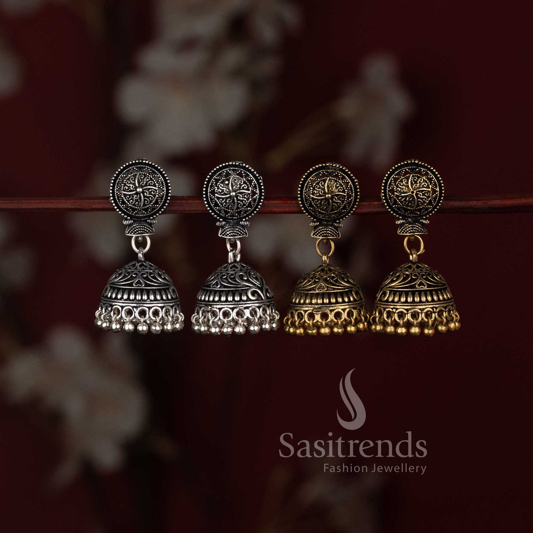 Oxidised Four Petal Star Stud Filigree Dome Jhumka Combo Earrings Sasitrends