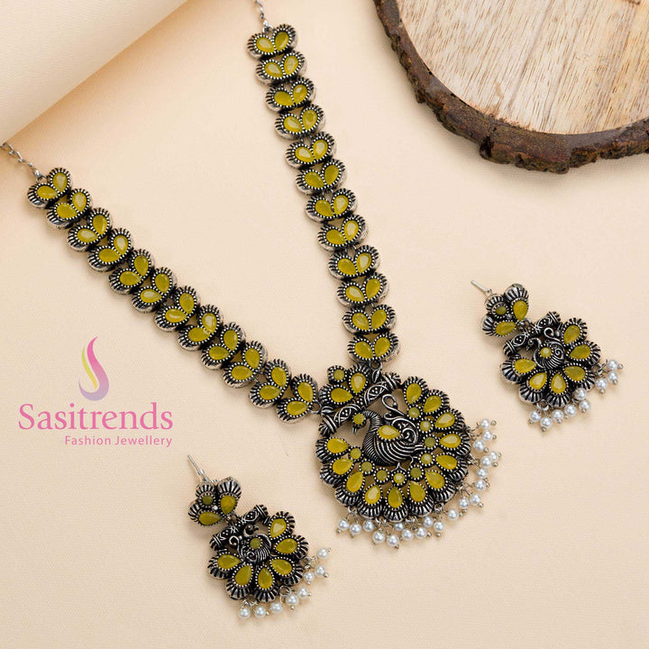 Oxidised yellow stone peacock necklace with pearl earrings, a fusion traditional jewellery set crafted for vibrant festival style – Sasitrends