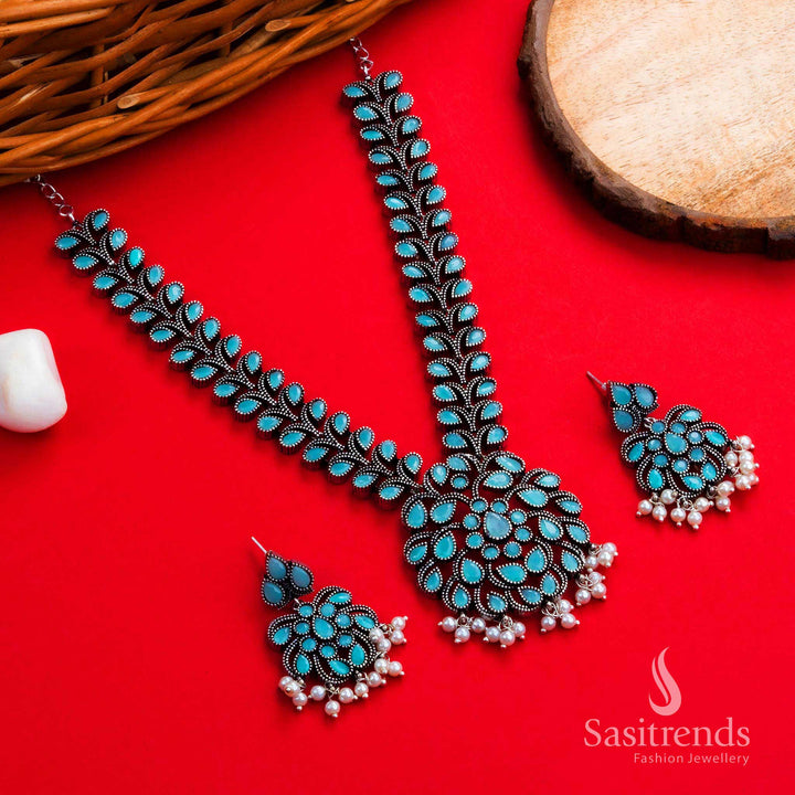 Graceful oxidised silver sky-blue floral stone necklace and earring jewellery set with delicate detailing, ideal for summer parties and elegant gatherings – Sasitrends