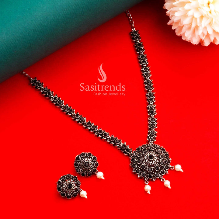 Navarathiri special bold oxidised silver black floral pendant necklace and earring jewellery set with elegant pearl hangings, crafted for festive elegance and charm – Sasitrends