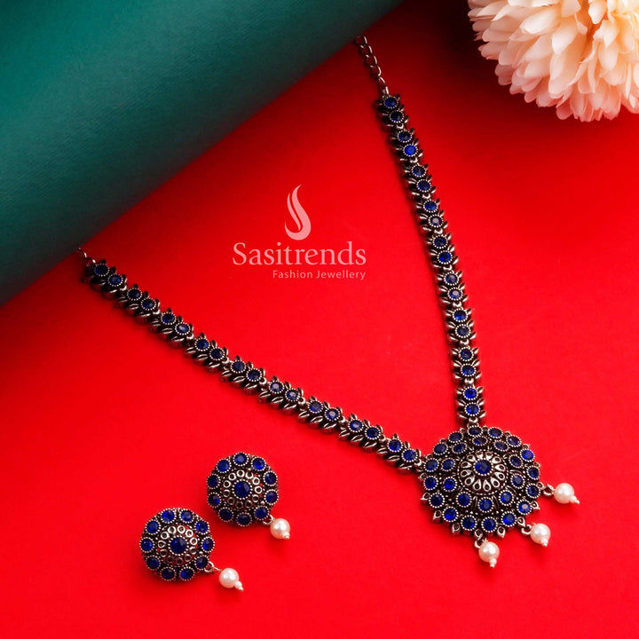 Navarathiri special traditional-yet-modern oxidised silver necklace and earrings set in blue stones with pearl drops, designed to enchant – Sasitrends