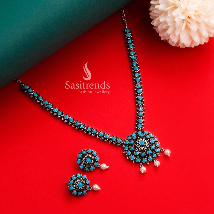 Navarathiri special elegant oxidised silver sky-blue stone floral pendant necklace jewellery set with soft pearl hangings, offering serene charm for festive dressing – Sasitrends